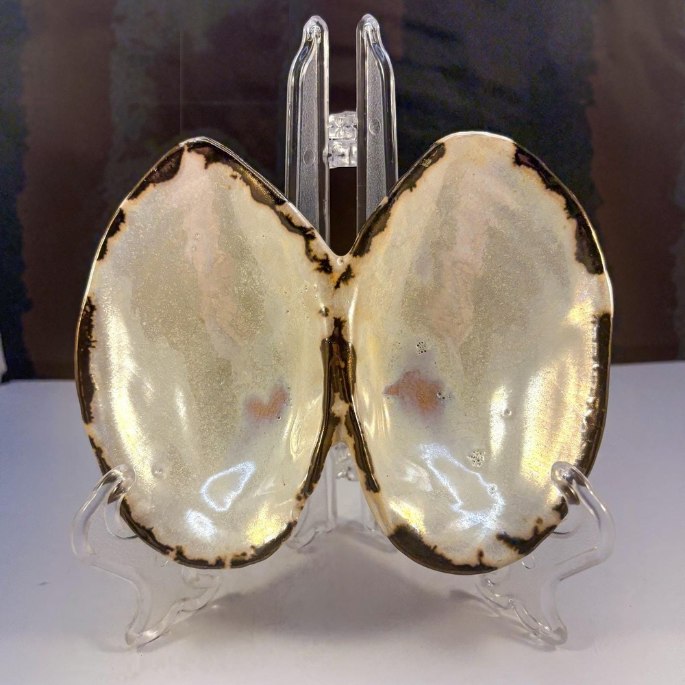 Iridescent Ceramic Clam Shell Style Divided Trinket Dish Decorative Bowl Trinket